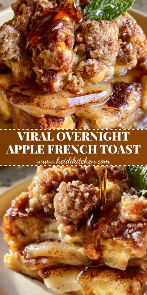 A tall Pinterest pin showing a close-up square of Cinnamon Apple Baked French Toast Casserole with thick syrup being poured over crispy streusel.