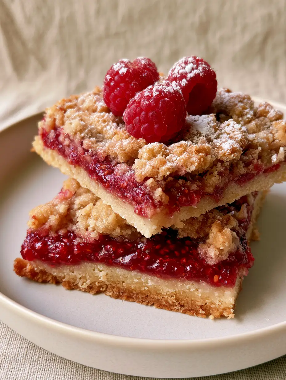 Macro photo of a raspberry shortbread bar cross-section on a white plate. (raspberry shortbread bars)