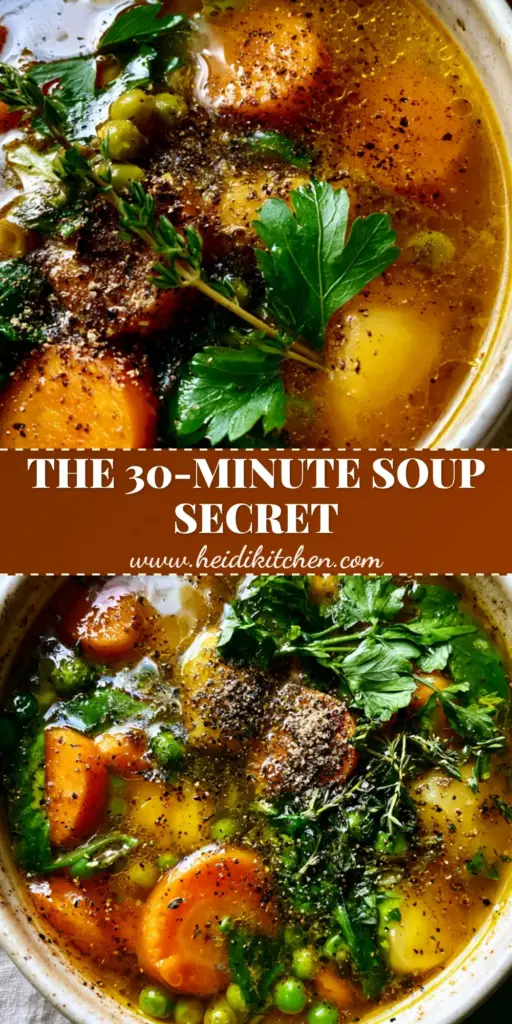 A top-down handheld smartphone photo of Easy Vegetable Soup in a rustic matte-white ceramic pot featuring a golden broth with orange carrots, green peas, and wilted spinach.
