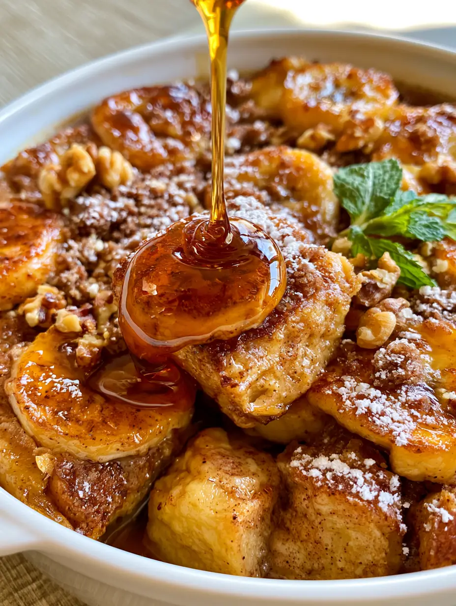 Banana French Toast Casserole with Brown Sugar Streusel 4 Smartphone photography of a banana french toast casserole in a white dish, showing a golden toasted crust and fresh mint garnish.