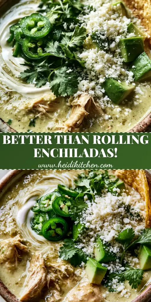 Green Enchilada Chicken Soup: The Ultimate Creamy 30-Minute Dinner 4 A rustic ceramic bowl of creamy green enchilada chicken soup topped with avocado, cotija cheese, and a tortilla strip on a marble surface.