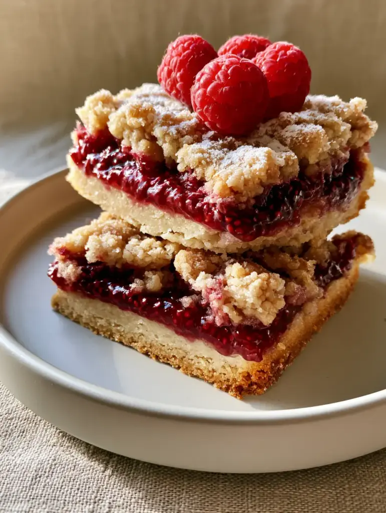 Top-down view of toasted flour-and-butter crumble on raspberry shortbread bars.