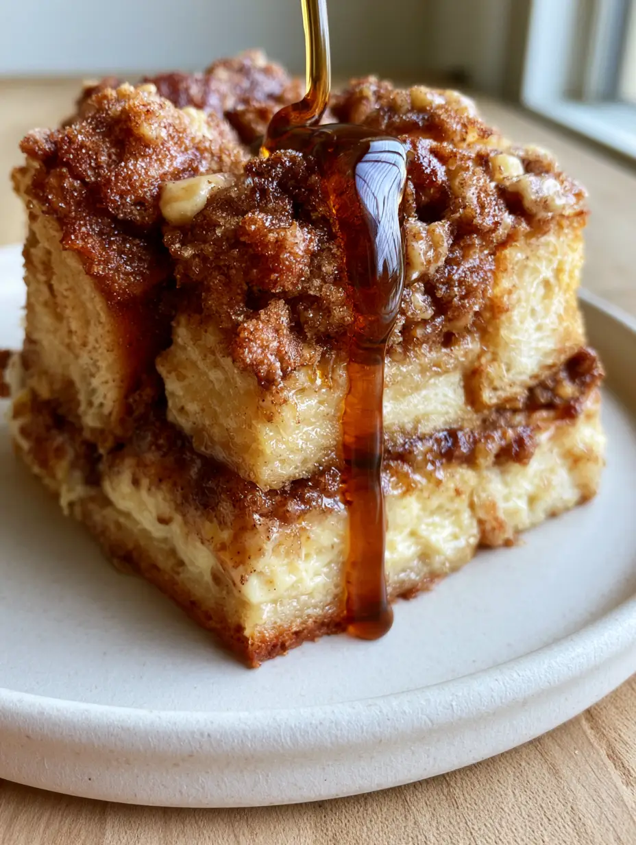 Extreme close-up side-view of a thick square slice of Pioneer Woman French toast casserole showing the custard middle and streusel top.
