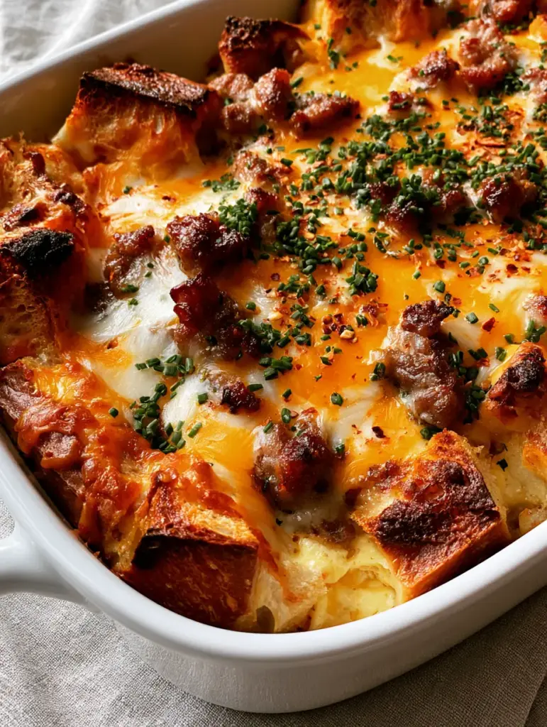 Sausage Cheese Strata with Toasted Sourdough and Sharp Cheddar 2 Close up view of sausage cheese strata with bubbling cheese and crispy sourdough edges.