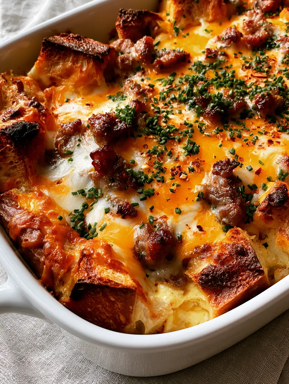 Sausage Cheese Strata with Toasted Sourdough and Sharp Cheddar 4 Close up view of sausage cheese strata with bubbling cheese and crispy sourdough edges.