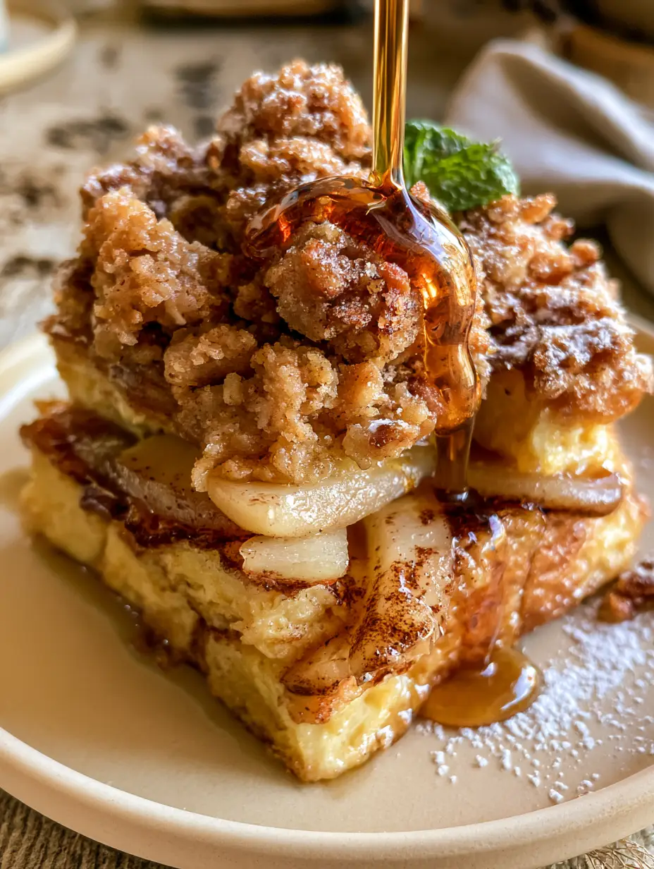 A close-up high-angle photo of a square serving of Cinnamon Apple Baked French Toast Casserole on a cream plate featuring caramelized brioche and dark cinnamon glaze.