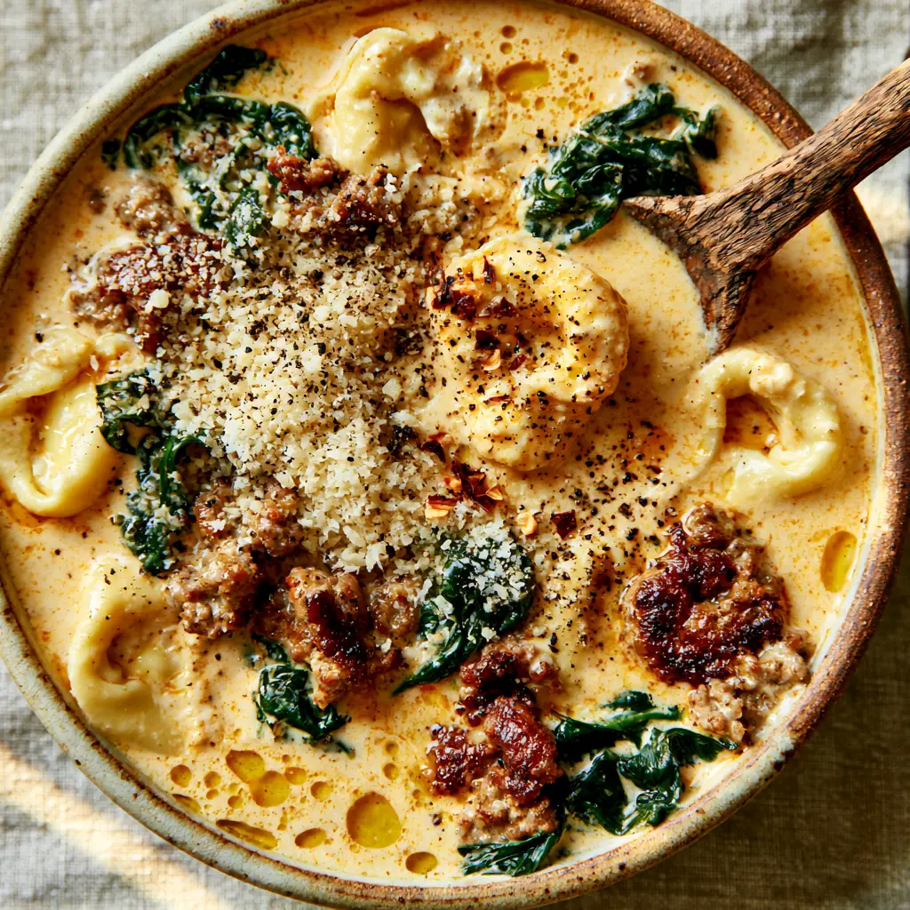 A rustic ceramic bowl of italian sausage tortellini soup topped with shaved parmesan and cracked black pepper.