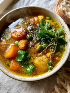 Overhead view of a shimmering amber Easy Vegetable Soup with vibrant vegetables and cracked black pepper in a white pot.