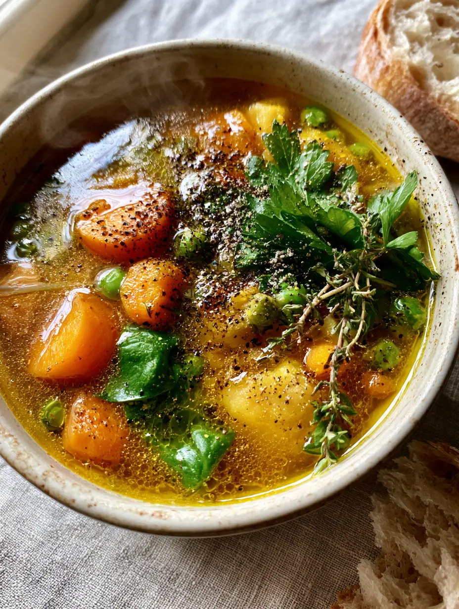 Overhead view of a shimmering amber Easy Vegetable Soup with vibrant vegetables and cracked black pepper in a white pot.