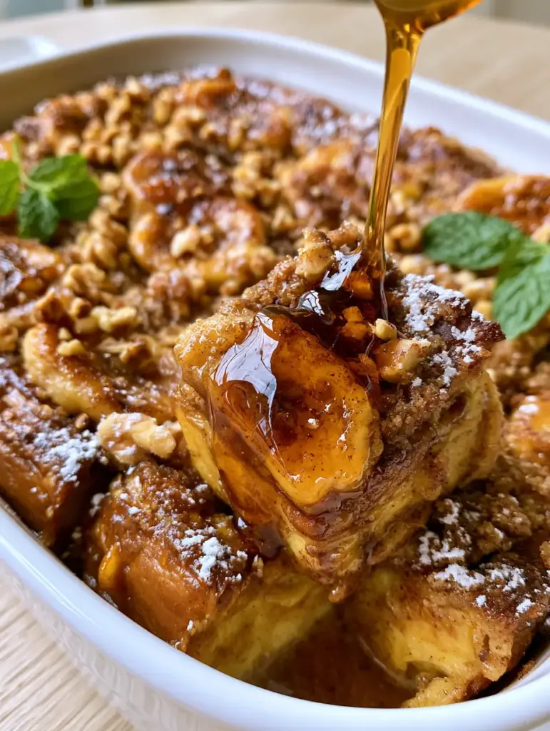 Banana French Toast Casserole with Brown Sugar Streusel 1 Overhead view of a banana french toast casserole square showing the mosaic of caramelized bananas and powdered sugar dusting.