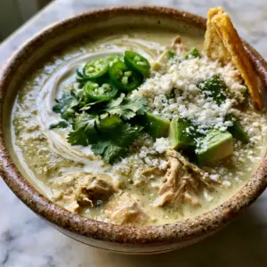 Close-up of shredded chicken breast in a thick light-green salsa verde and heavy cream broth with Mexican crema drizzle. (green enchilada chicken soup)
