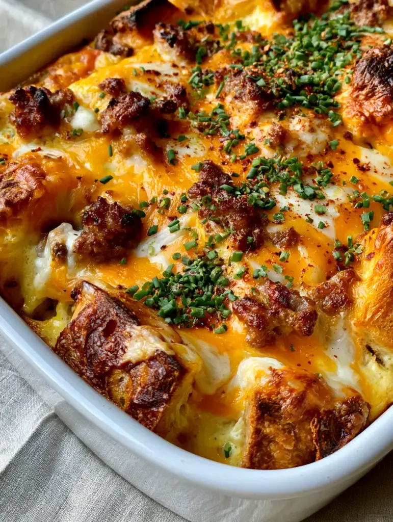 Sausage Cheese Strata with Toasted Sourdough and Sharp Cheddar 1 Full view of a breakfast sausage cheese strata on a linen napkin in morning light.