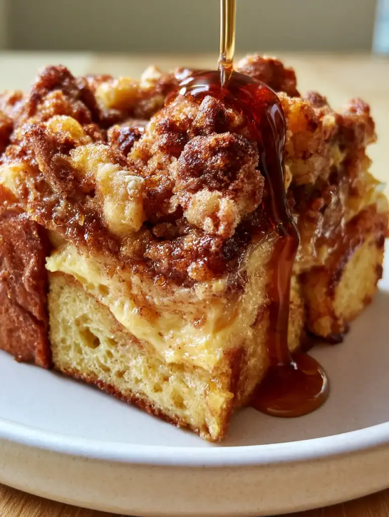 Close up of jagged crunchy cinnamon streusel topping with dark amber maple syrup mid-drip on a Pioneer Woman French toast casserole.