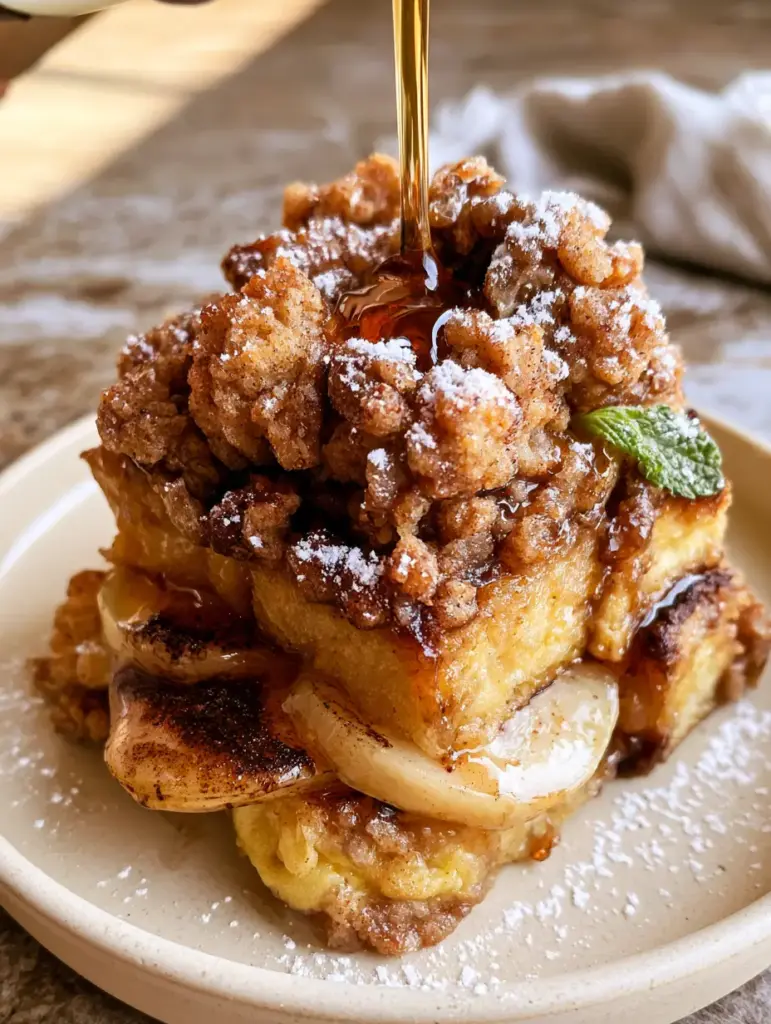 Macro shot of chunky buttery streusel topping on a Cinnamon Apple Baked French Toast Casserole with a dusting of powdered sugar.