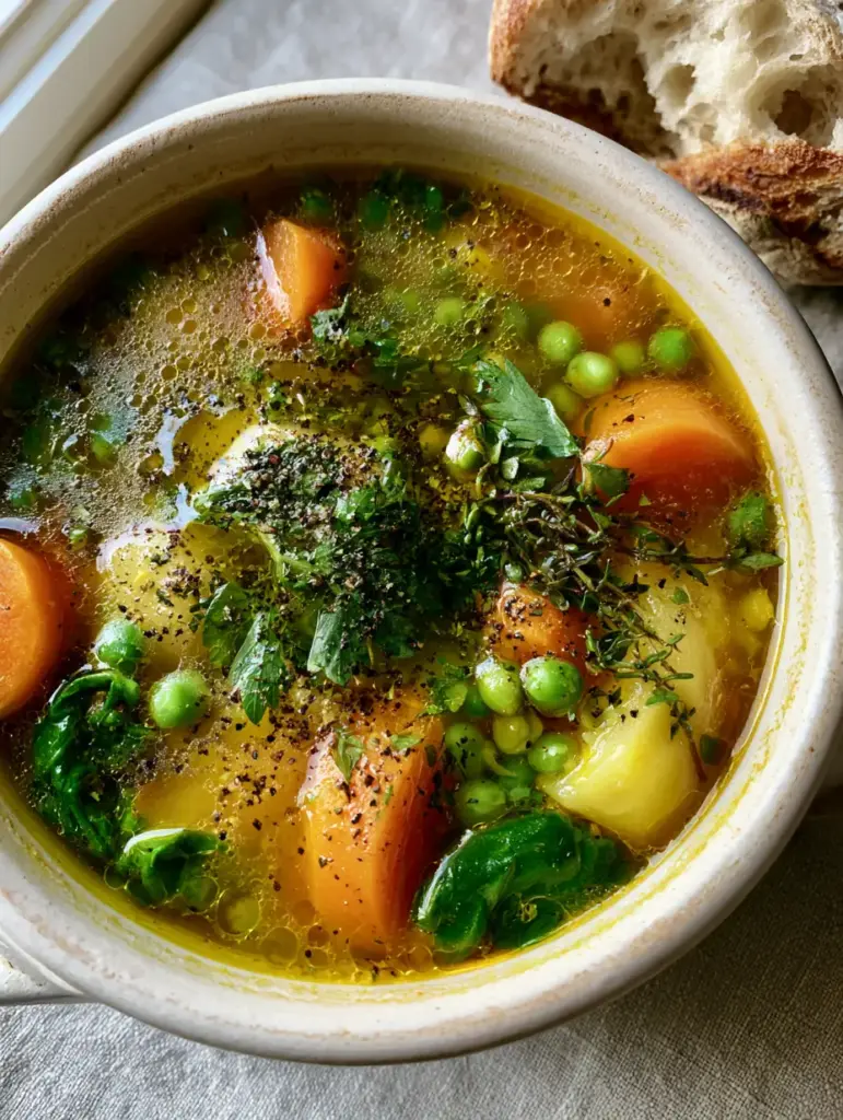 Close up of Easy Vegetable Soup showing velvety potatoes and bright spinach with a side of torn sourdough bread.