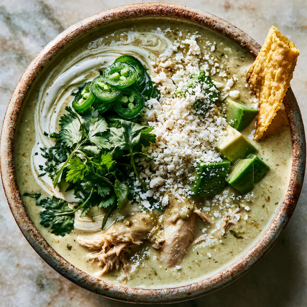 Green Enchilada Chicken Soup: The Ultimate Creamy 30-Minute Dinner 1 High-angle shot of green enchilada chicken soup showing fresh cilantro, jalapenos, and crumbled cotija cheese toppings.