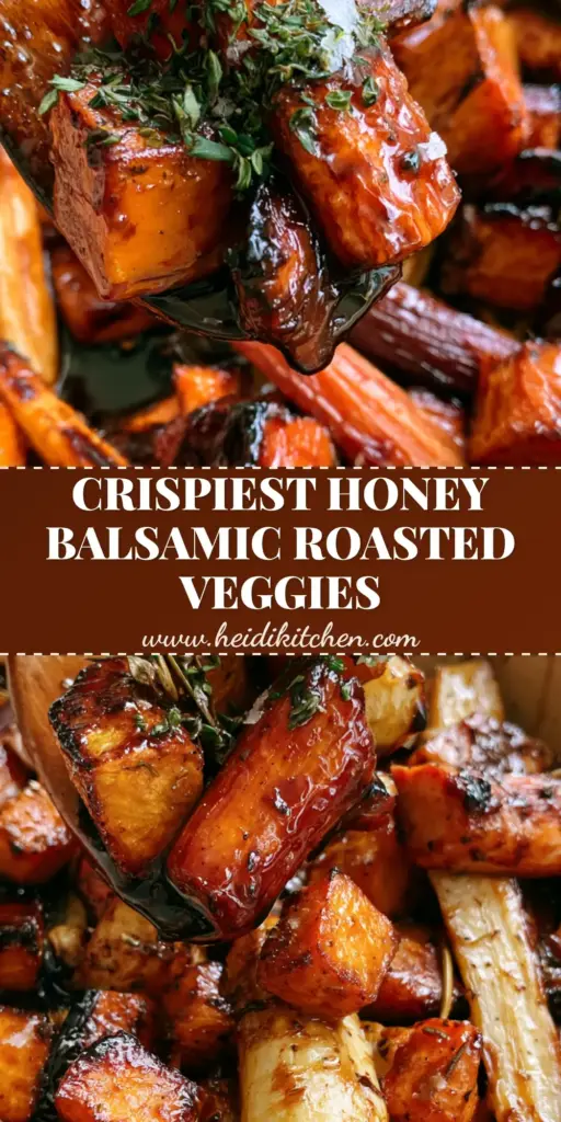 A close-up vertical shot of a root vegetable bake featuring caramelized sweet potatoes, rainbow carrots, and parsnips with a glossy honey balsamic glaze.