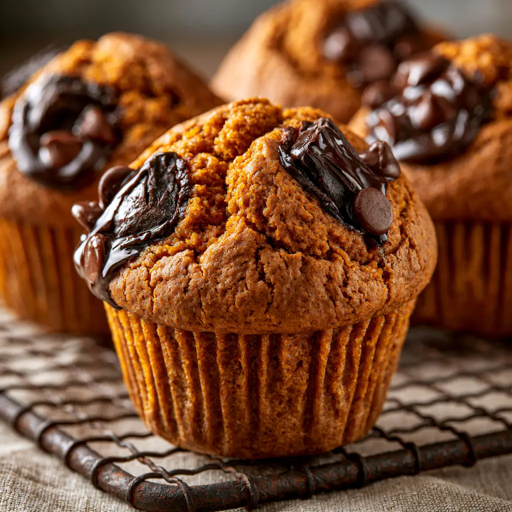 Extreme close-up of three bakery-style pumpkin chocolate chip muffins showing highly textured orange crumb and glistening chocolate chips. (pumpkin chocolate chip muffins)