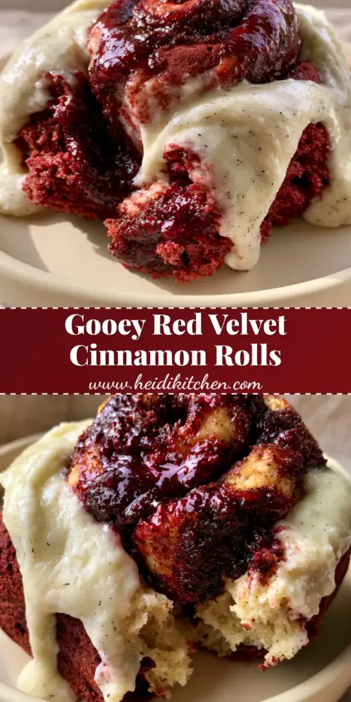 red velvet cinnamon rolls with Vanilla Bean Cream Cheese Icing 4 A warm, steaming red velvet cinnamon roll being pulled apart, showing deep cocoa-red dough spirals and a glistening ruby-red glaze.