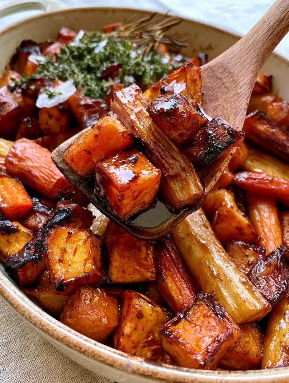 Handheld smartphone photo of a rustic ceramic baking dish filled with a roasted root vegetable bake and fresh herbs.