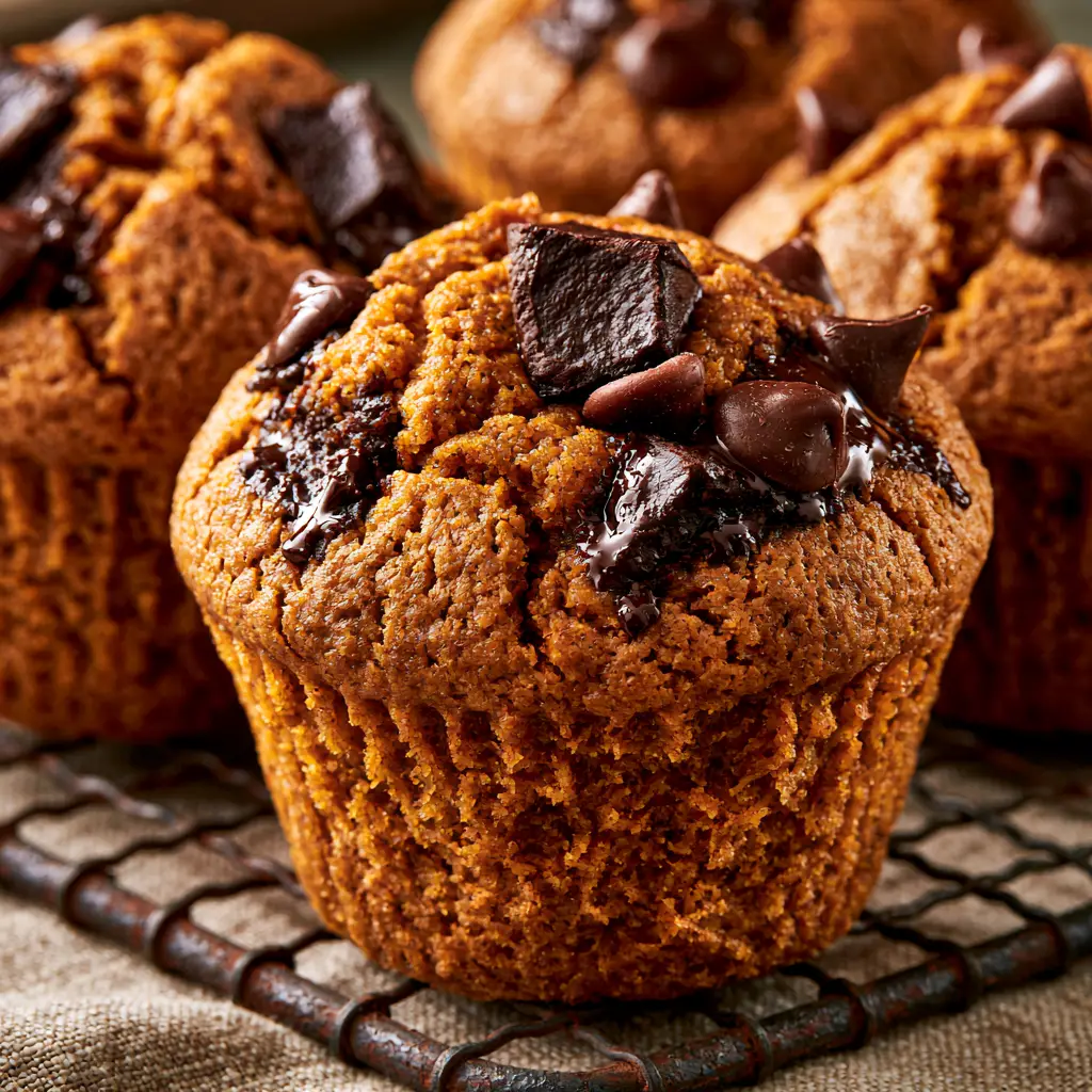 Close-up photo of pumpkin chocolate chip muffins with cracked golden-brown tops and pooling dark chocolate chunks on a wire rack.
