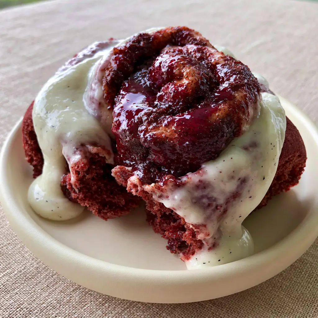 Handheld photo of red velvet cinnamon rolls on a matte cream ceramic plate, featuring thick white icing with vanilla bean specks.