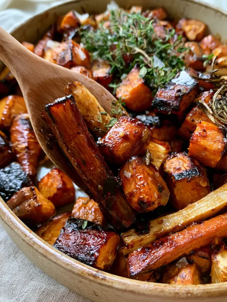 Close-up of a wooden spatula lifting a portion of root vegetable bake showing a sticky honey balsamic glaze pull.