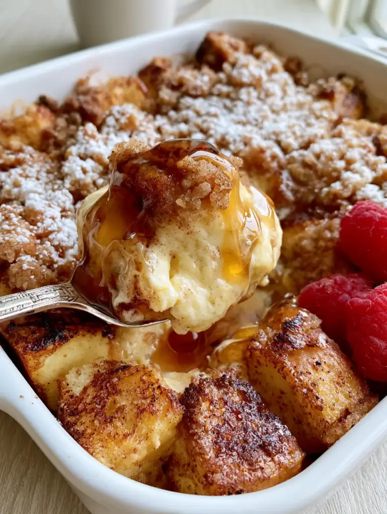 Overhead shot of Overnight French Toast Casserole in a ceramic dish with raspberries.