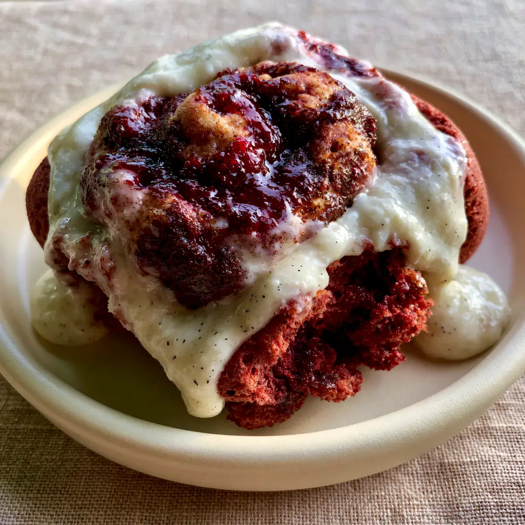 red velvet cinnamon rolls with Vanilla Bean Cream Cheese Icing 1 Close up shot of the airy dough texture and dark ruby-red cinnamon cocoa glaze inside a red velvet cinnamon roll.