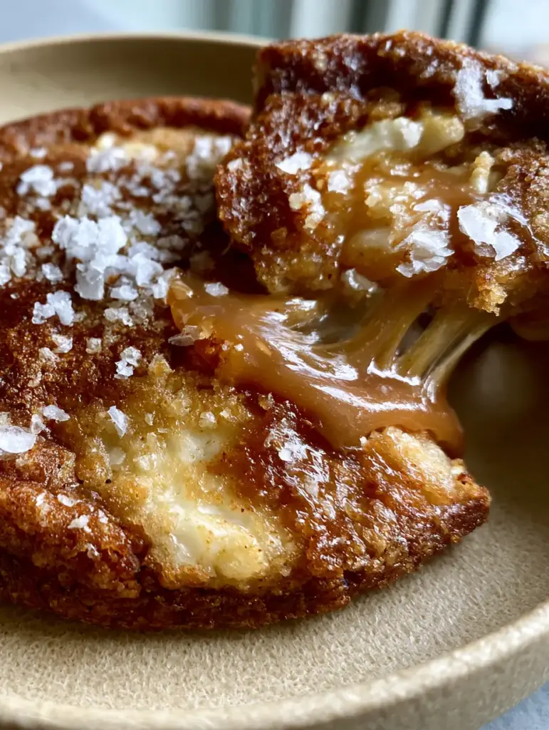 Salted Caramel White Chocolate Cookies with Brown Butter 2 Thick bakery-style brown butter cookies with white chocolate chunks and sea salt on a beige plate. (salted caramel white chocolate cookies)