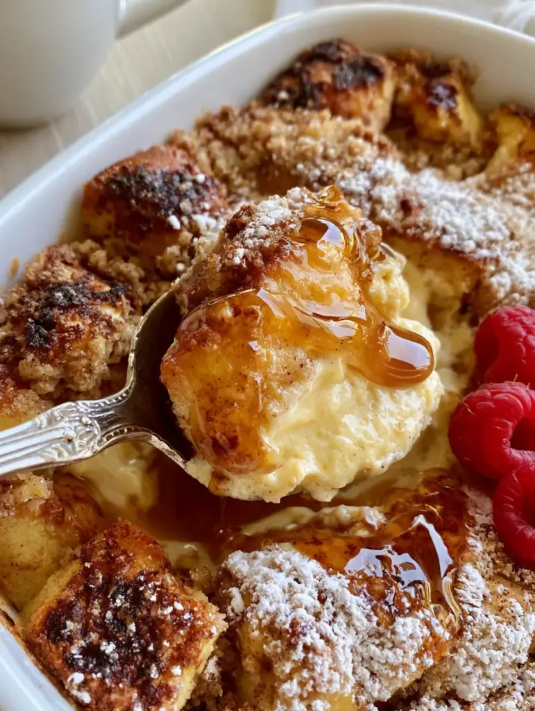 Overnight French Toast Casserole with Cinnamon Sugar Crumble 1 Close up of a spoon lifting a portion of French toast casserole revealing a vanilla bean custard.