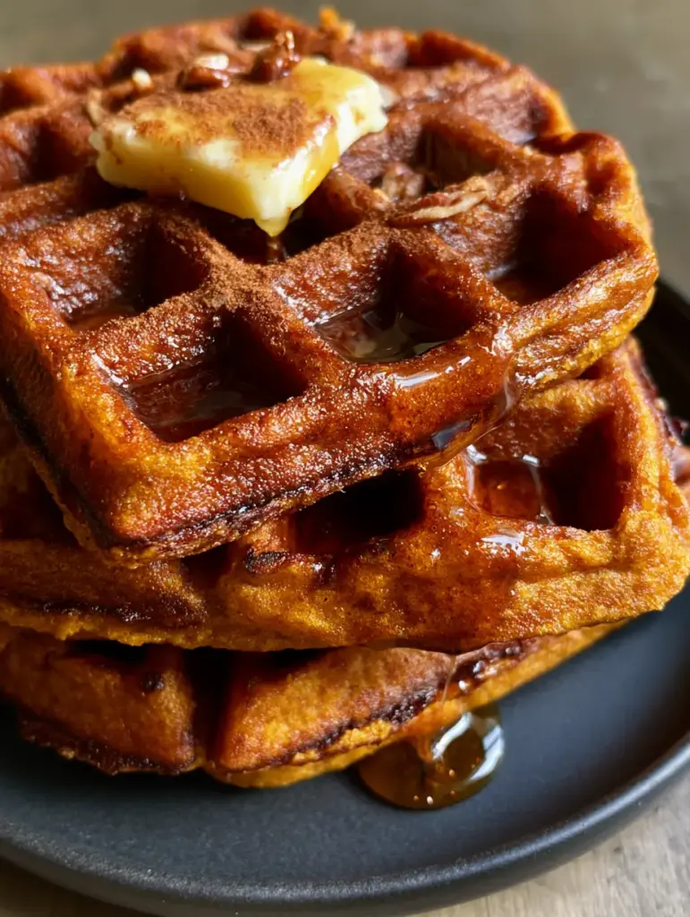 Close-up of golden-brown pumpkin waffles with steam wisps and crushed toasted pecans. (pumpkin waffles)