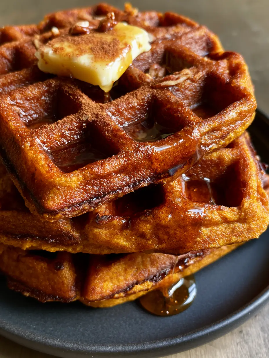 Pumpkin Waffles: The Crispiest Belgian Stack for Autumn Mornings 4 Close-up of golden-brown pumpkin waffles with steam wisps and crushed toasted pecans. (pumpkin waffles)