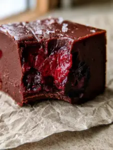 Macro handheld photo of a bitten Berry Chocolate Fudge Bite showing the dense dark chocolate and vibrant fruit interior on parchment.