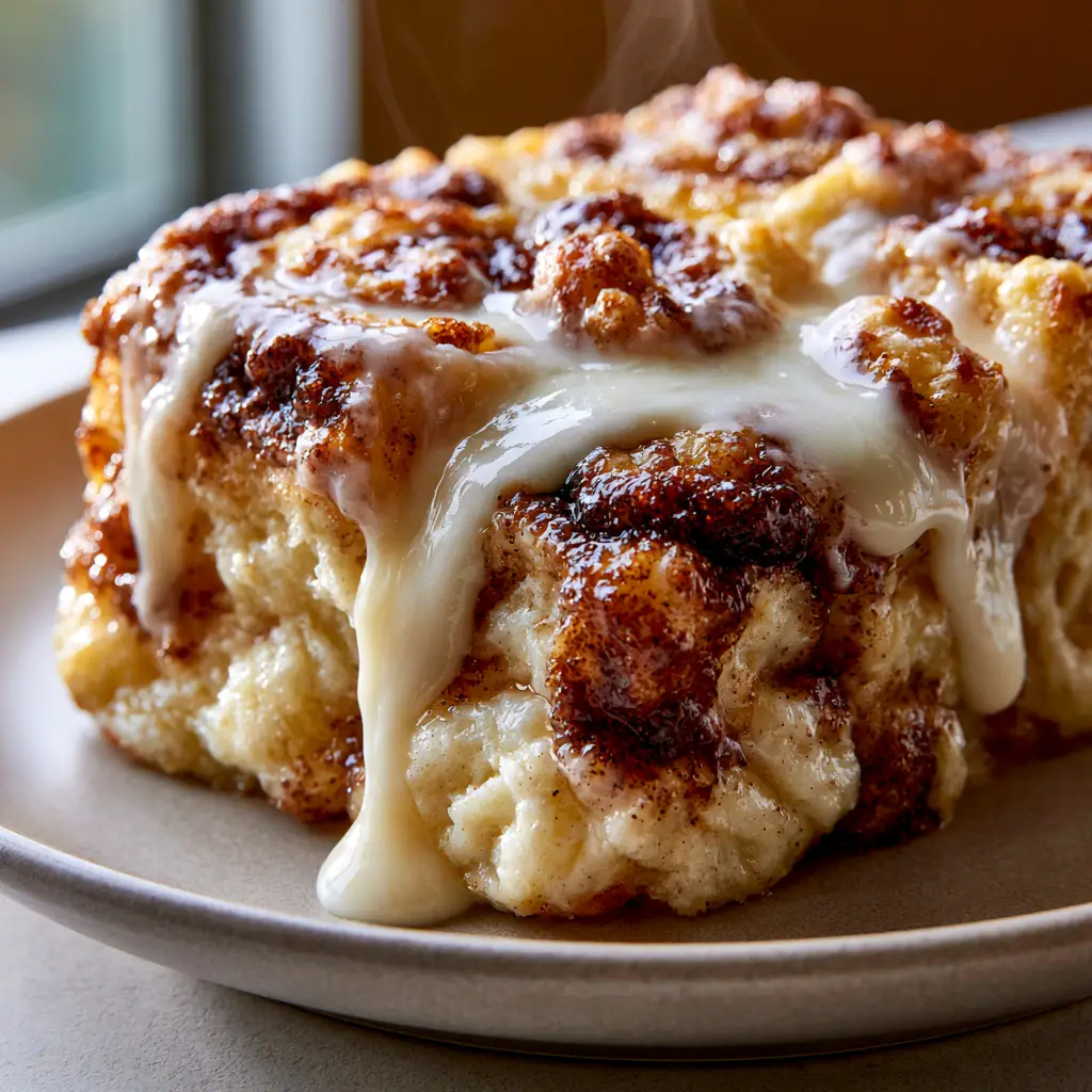 Macro photo of golden-baked dough chunks in a cinnamon roll casserole with melting white icing.
