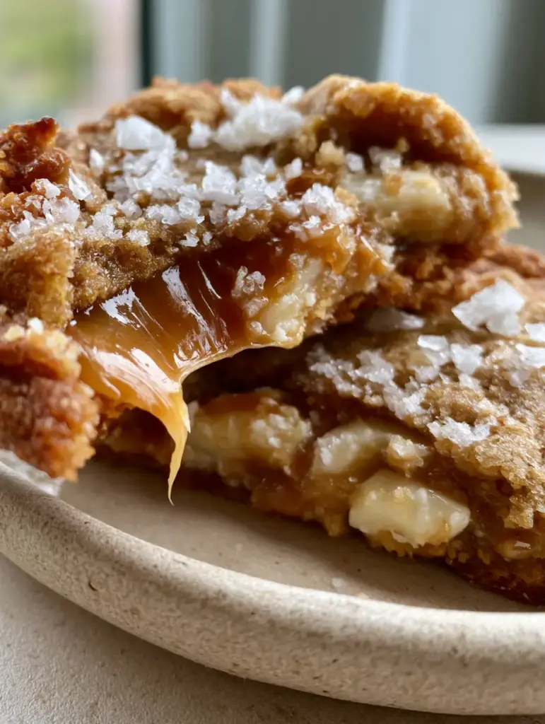Salted Caramel White Chocolate Cookies with Brown Butter 1 A close-up of a warm salted caramel white chocolate cookie showing the gooey center and Maldon sea salt flakes.