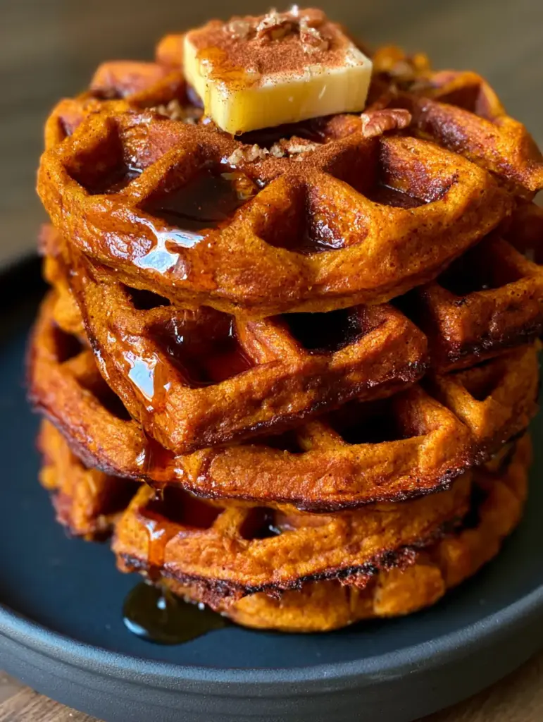 Pumpkin Waffles: The Crispiest Belgian Stack for Autumn Mornings 1 Vertical smartphone shot of pumpkin waffles on a minimalist charcoal ceramic plate.