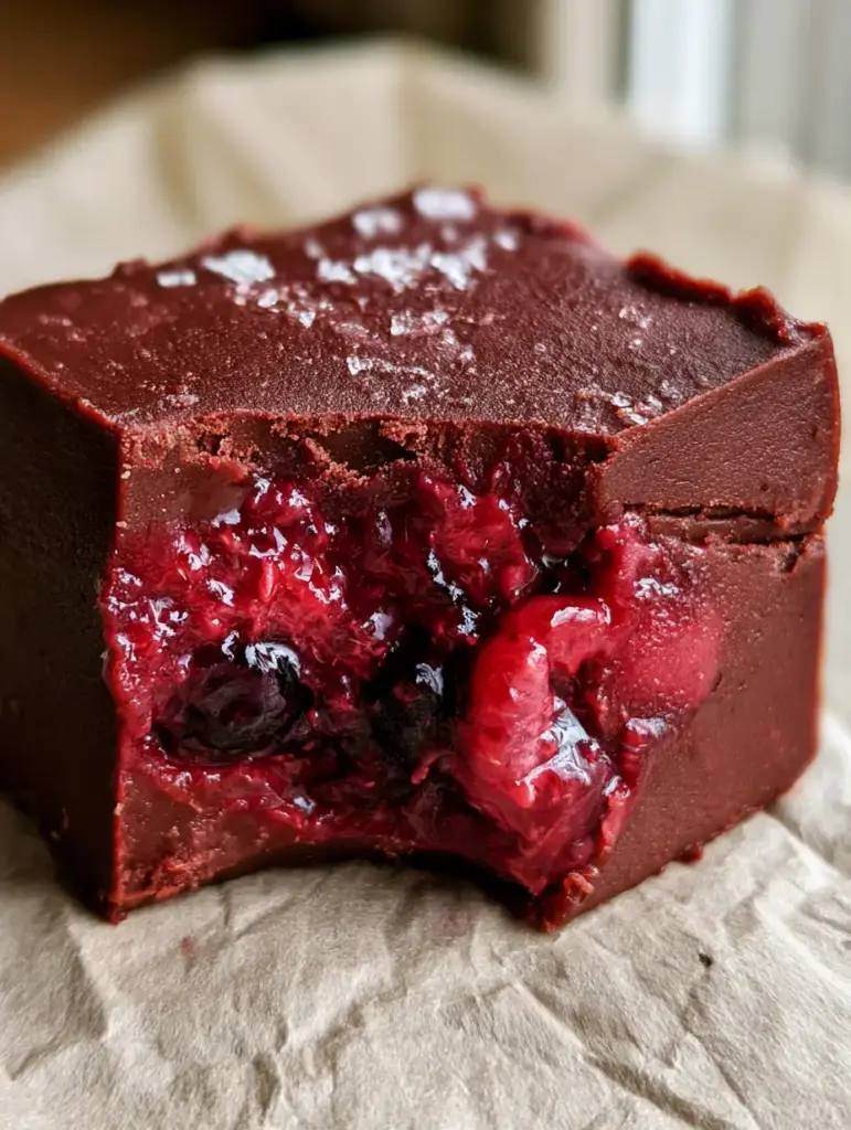 A thick square of Berry Chocolate Fudge Bites resting on crinkled parchment paper with salt crystals and cocoa powder dusting.