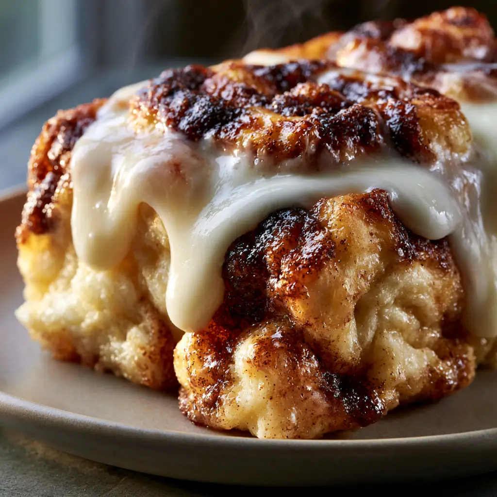 Cinnamon Roll Casserole with Gooey Cream Cheese Glaze 1 Side view of a warm cinnamon roll casserole slice showing the moist tender texture and cream soak.