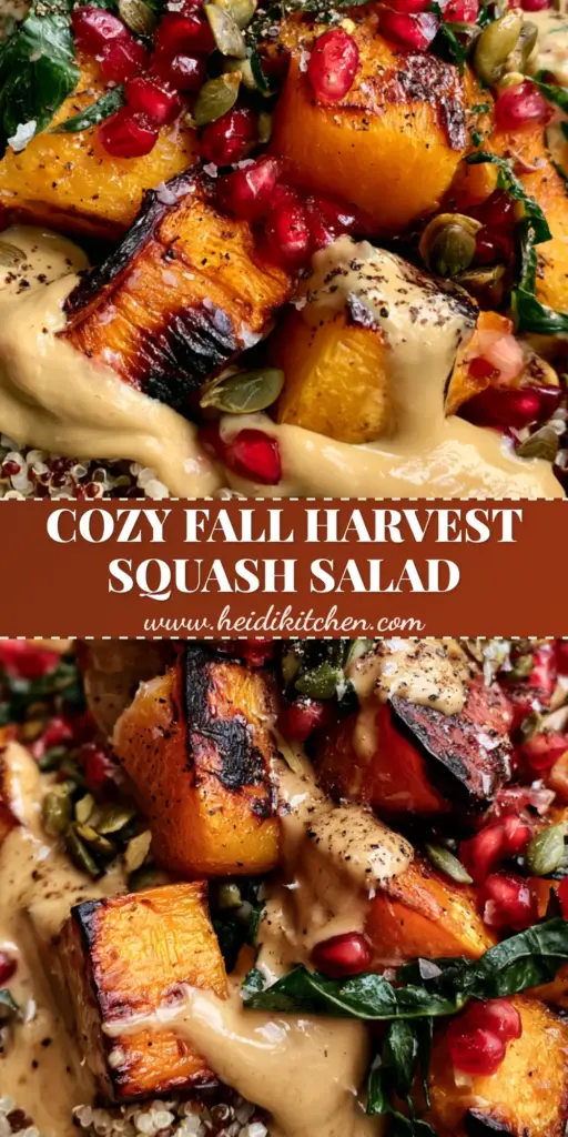 Roasted Butternut Squash Quinoa Salad with Maple Tahini 4 A vibrant Roasted Butternut Squash Quinoa Salad in a ceramic bowl topped with pomegranate arils and maple tahini dressing.