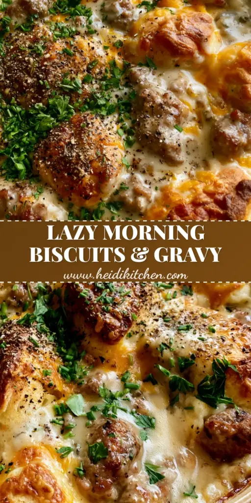 Biscuits and Gravy Breakfast Casserole: The Ultimate Comfort Brunch 4 An overhead close-up of a rustic ceramic dish filled with bubbling biscuits and gravy breakfast casserole, featuring golden-brown biscuits and melted cheddar cheese.