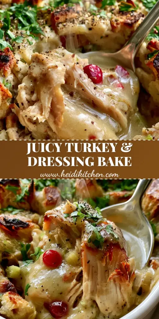Turkey and Dressing Casserole: The Ultimate Thanksgiving Comfort Dish 4 A large silver spoon scooping a portion of turkey and dressing casserole from a white dish, showing shredded turkey, thick gravy, and golden sourdough cubes.