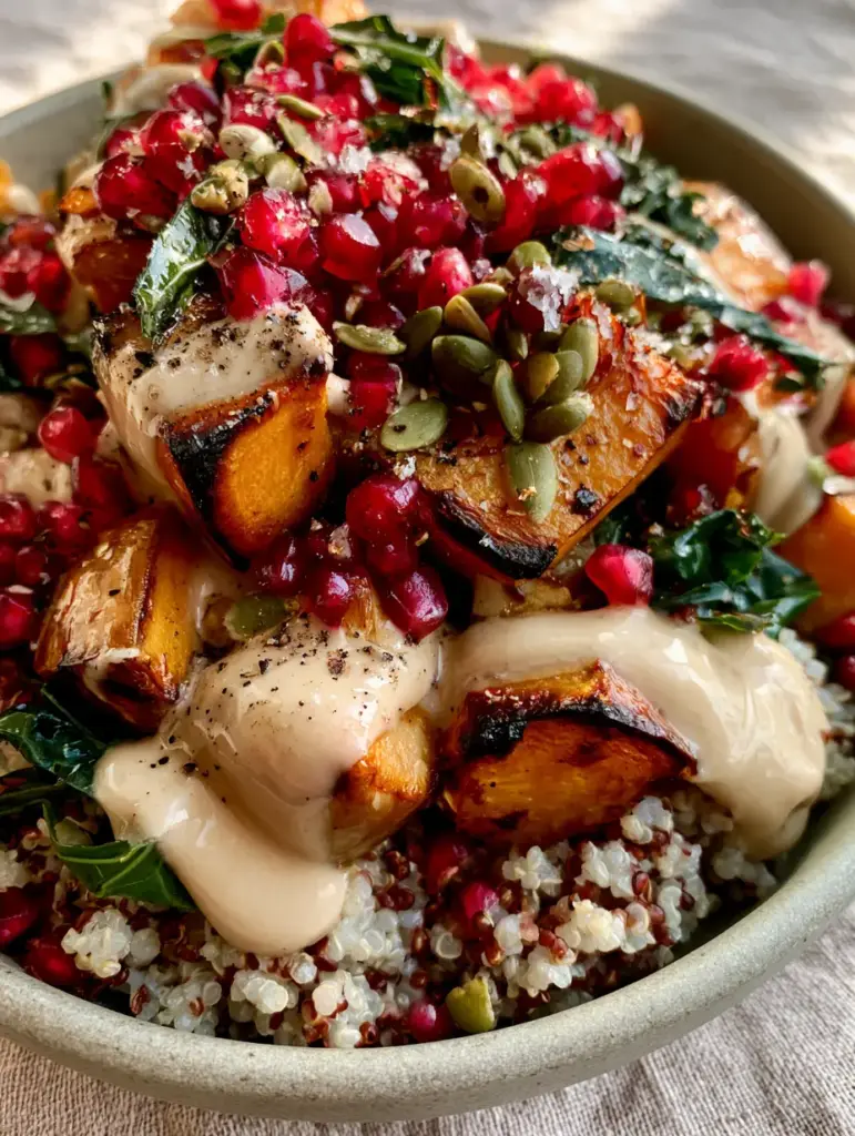 Close-up of caramelized butternut squash cubes on a bed of fluffy quinoa for a Roasted Butternut Squash Quinoa Salad.