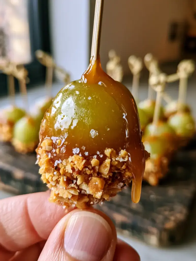 Caramel Apple Grapes: The Ultimate Sweet and Salty Gourmet Snack 2 A single crisp green grape held between fingers, halfway dipped in glossy amber caramel with peanuts and sea salt. (Caramel Apple Grapes)