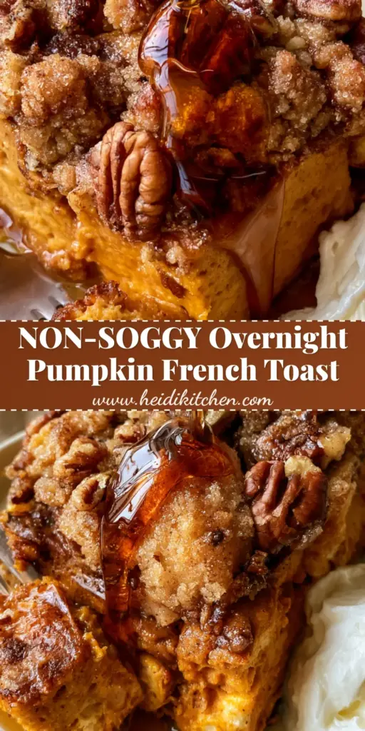 Pumpkin French Toast Casserole with Pecan Streusel 3 A thick square slice of Pumpkin French Toast Casserole with a maple syrup drizzle and cinnamon streusel on a cream plate.