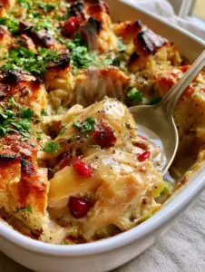 Close-up macro shot of turkey and dressing casserole featuring charred sourdough cubes, glistening gravy, and steam. (turkey and dressing casserole)
