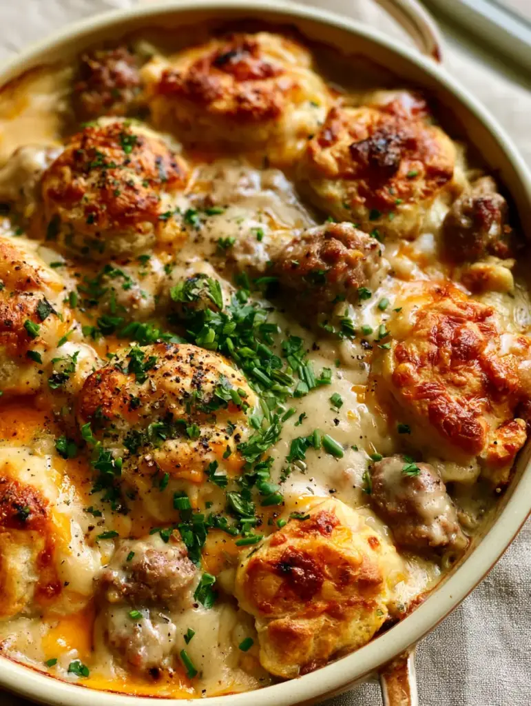 Close-up of golden-brown canned biscuit quarters and thick white country gravy in a biscuits and gravy breakfast casserole.