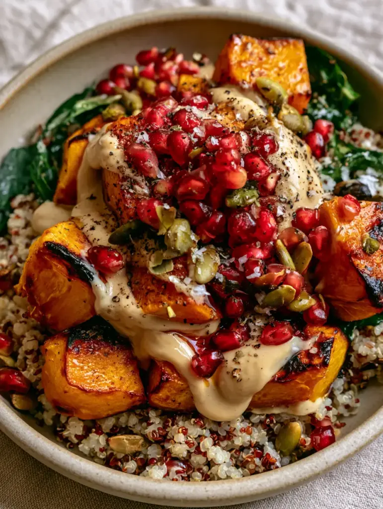 Roasted Butternut Squash Quinoa Salad with Maple Tahini 1 A high-angle photo of a matte ceramic bowl filled with Roasted Butternut Squash Quinoa Salad and drizzled with creamy tahini.