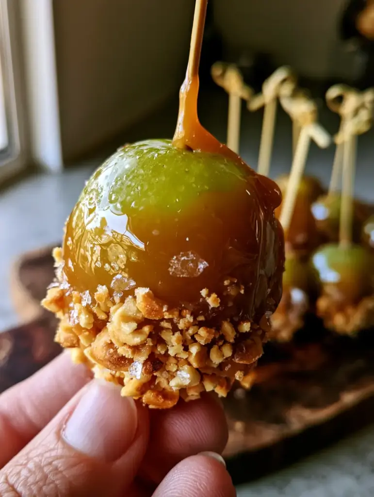 Caramel Apple Grapes: The Ultimate Sweet and Salty Gourmet Snack 1 Several Caramel Apple Grapes arranged on a rustic dark wood board with minimalist bamboo skewers.