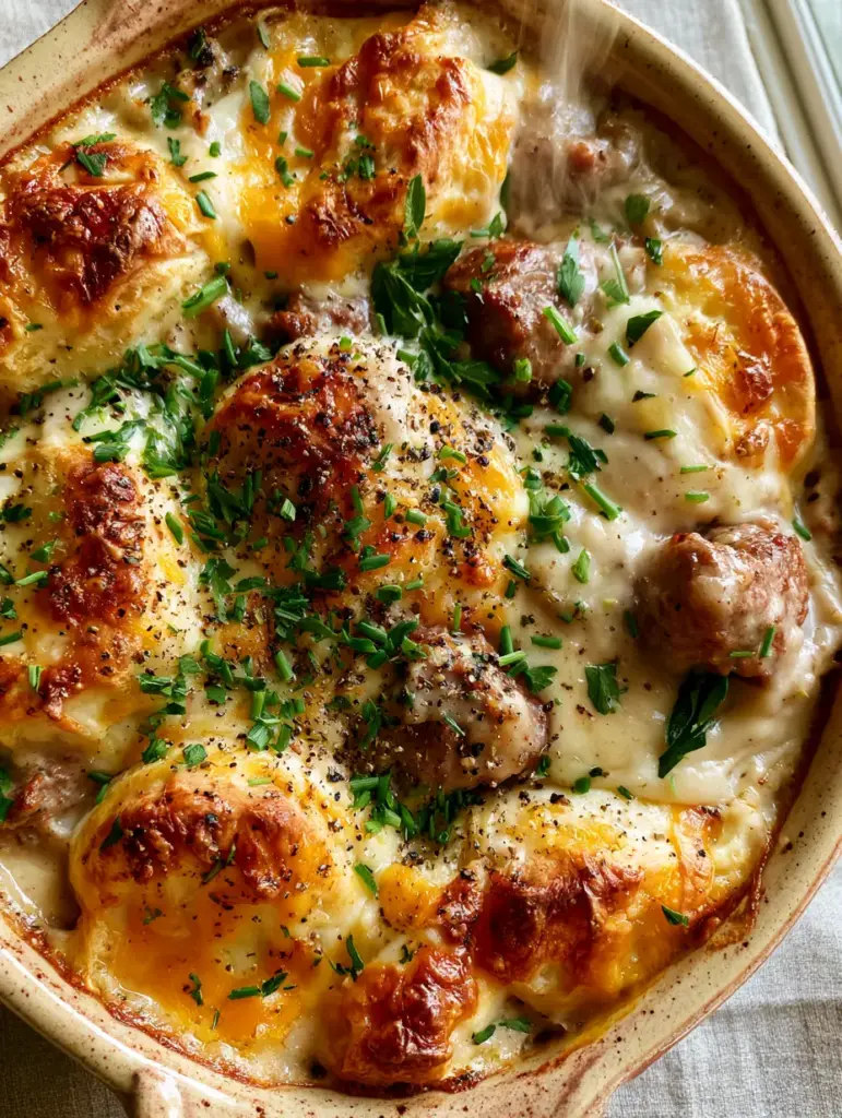 Biscuits and Gravy Breakfast Casserole: The Ultimate Comfort Brunch 1 Detailed shot of bubbling melted sharp cheddar cheese and fresh chives on top of a biscuits and gravy breakfast casserole.